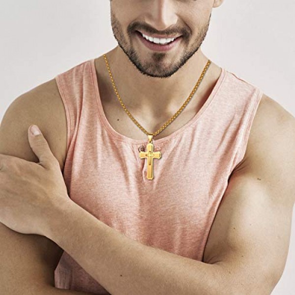 JewelryWe 남성용 목걸이, 스테인레스 스틸 클래식 크로스 펜던트, 22인치 체인, 실버/골드/블랙, 무료 각인, 스테인레스 스틸