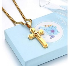 JewelryWe 남성용 목걸이, 스테인레스 스틸 클래식 크로스 펜던트, 22인치 체인, 실버/골드/블랙, 무료 각인, 스테인레스 스틸