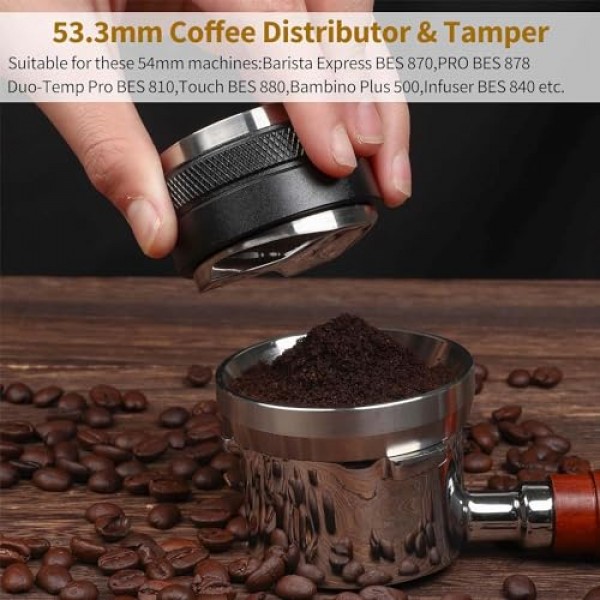53.3mm 커피 분배기 및 탬퍼, 54mm Breville Portafilter에 적합한 듀얼 헤드 커피 레벨러, 조절 가능한 깊이 6MM 에스프레소 핸드 탬퍼…