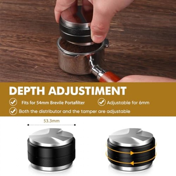 53.3mm 커피 분배기 및 탬퍼, 54mm Breville Portafilter에 적합한 듀얼 헤드 커피 레벨러, 조절 가능한 깊이 6MM 에스프레소 핸드 탬퍼…