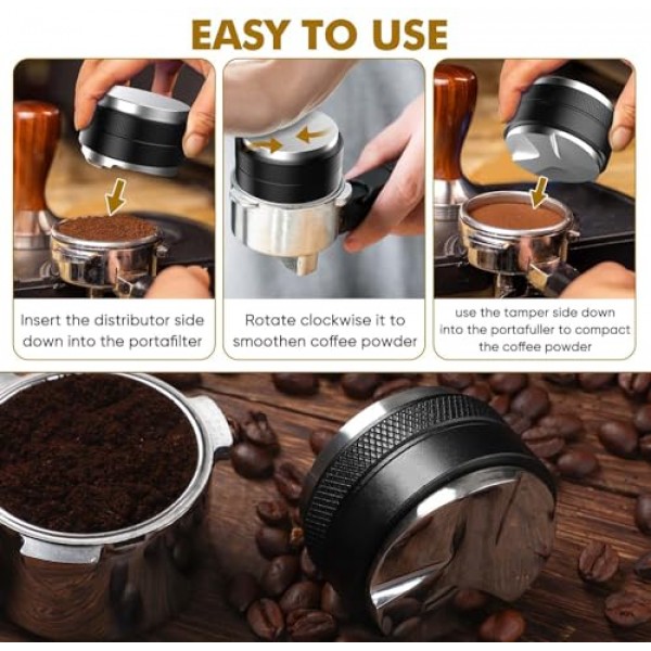 53.3mm 커피 분배기 및 탬퍼, 54mm Breville Portafilter에 적합한 듀얼 헤드 커피 레벨러, 조절 가능한 깊이 6MM 에스프레소 핸드 탬퍼…