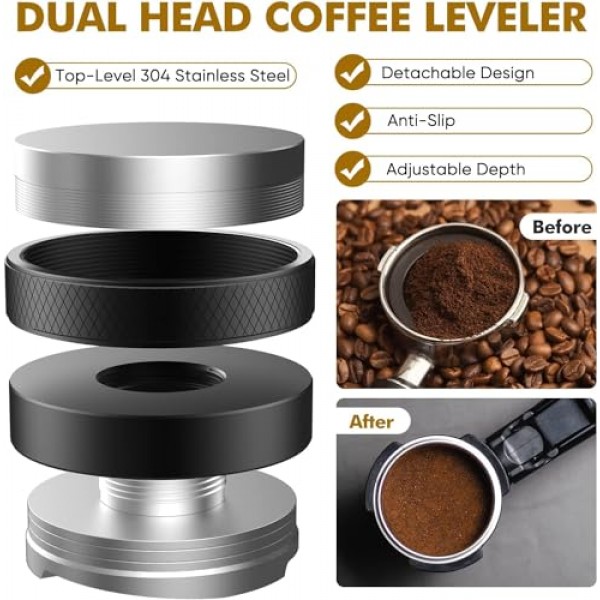 53.3mm 커피 분배기 및 탬퍼, 54mm Breville Portafilter에 적합한 듀얼 헤드 커피 레벨러, 조절 가능한 깊이 6MM 에스프레소 핸드 탬퍼…