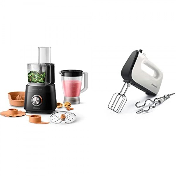 필립스 Viva Collection HR7510/00 푸드 프로세서(800W, 29가지 기능, 2L 충전 용량) 블랙 & HR3741/00 핸드 믹서(450W, 5단계 속도 + 터보) 화이트/블랙