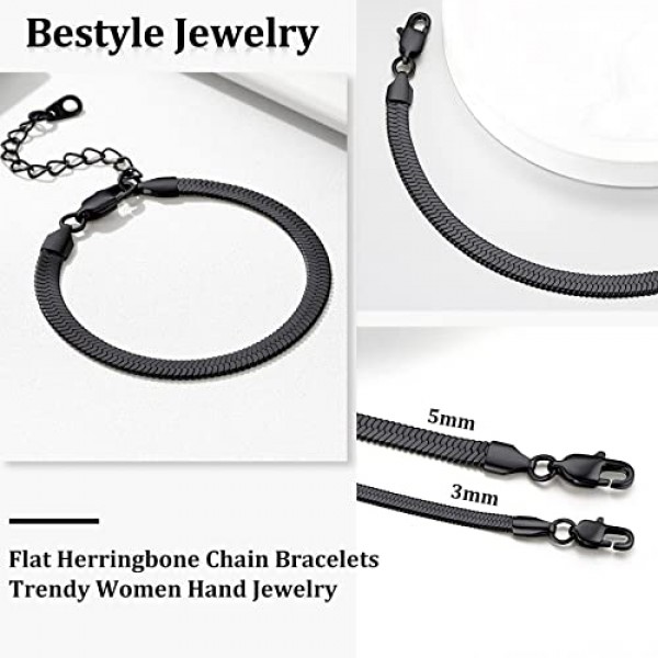 Bestyle 여성용 뱀 팔찌 스테인레스 참 핸드 체인 폭 3 mm / 5 mm 조절 가능 16 + 5 cm 실버 / 골드 / 로즈 골드 / 블랙