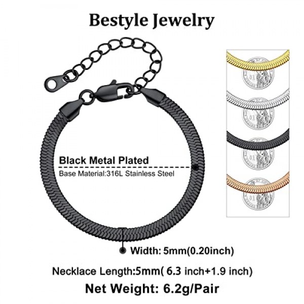 Bestyle 여성용 뱀 팔찌 스테인레스 참 핸드 체인 폭 3 mm / 5 mm 조절 가능 16 + 5 cm 실버 / 골드 / 로즈 골드 / 블랙