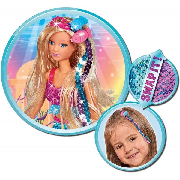 Simba 105733330 Steffi Love 스왑 인어, 멋진 스팽글 꼬리 지느러미가 있는 인어 인형 놀이, 스왑 효과, 두 가닥 머리카락 포함, 29cm, 3년