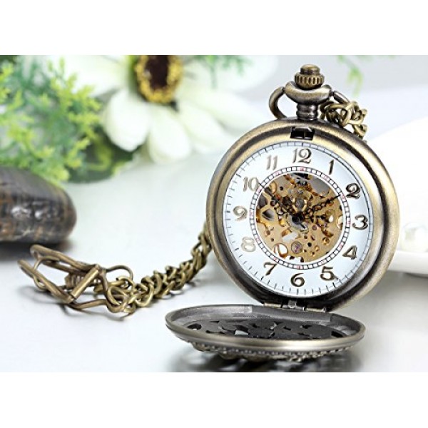 JewelryWe 빈티지 귀여운 돌고래 높은 Openwork 수동 권선 기계식 회중 시계 해골 시계 스웨터 목걸이 체인, 크리스마스, 생일