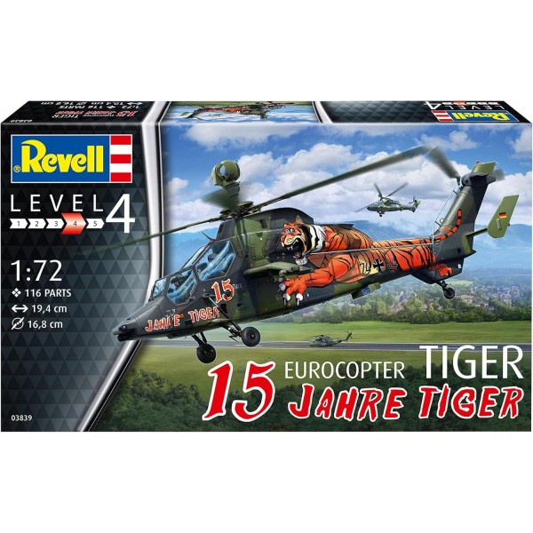 Revell 03839 Eurocopter 15 Years Tiger 고급 사용자를 위한 충실한 모델 키트, 도색되지 않음