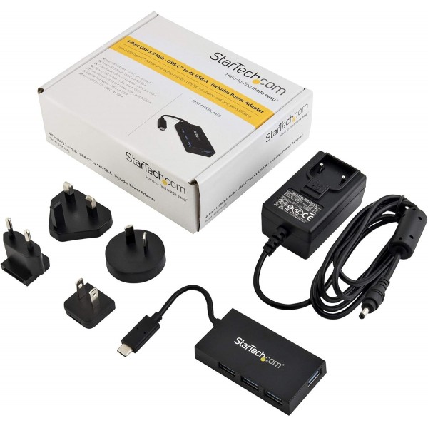 StarTech.com 4포트 USB C 허브 - 4x USB-A 포트가 있는 USB Type-C 허브(USB 3.0/3.1 Gen 1 SuperSpeed ​​5Gbps) - USB 버스 또는 자체 전원 - 휴대용 USB-C에서 USB-A BC 1.2 충전 허브 전원 어댑