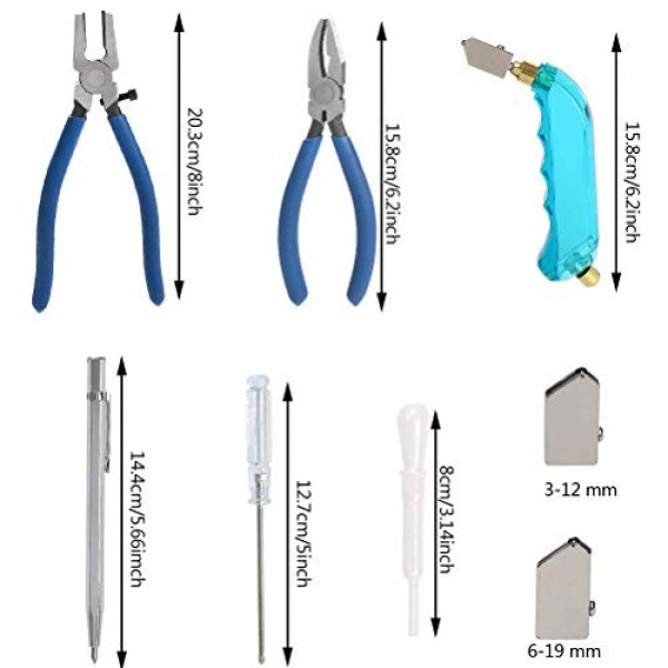 YOTINO 유리 절단 도구 키트에는 펜치 2개, 추가 교체 헤드 3개, 텅스텐 스크라이브 조각 펜, 드라이버 및 오일 스포이트가 포함된 블루 그립 오일 공급 유리 커터가 포함