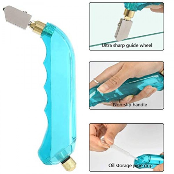 YOTINO 유리 절단 도구 키트에는 펜치 2개, 추가 교체 헤드 3개, 텅스텐 스크라이브 조각 펜, 드라이버 및 오일 스포이트가 포함된 블루 그립 오일 공급 유리 커터가 포함