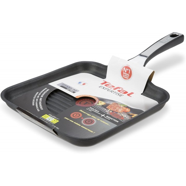 Tefal Expertise 26 x 26cm 알루미늄 그릴 팬, 추가 티타늄 층이 있는 들러붙지 않는 코팅, 인덕션을 포함한 모든 유형의 호브용