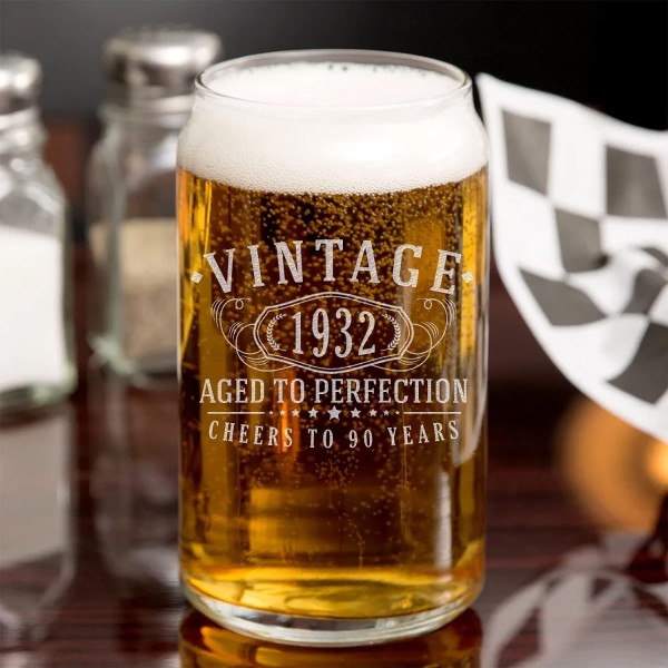 빈티지 1932 에칭 16온스 맥주 캔 유리 - 완벽을 기하는 90주년 선물 - 90주년 기념