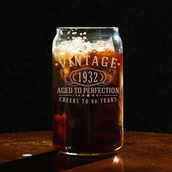 빈티지 1932 에칭 16온스 맥주 캔 유리 - 완벽을 기하는 90주년 선물 - 90주년 기념