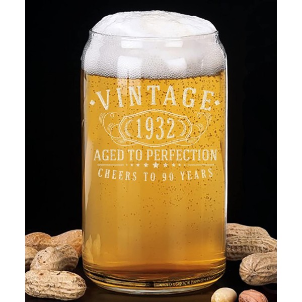 빈티지 1932 에칭 16온스 맥주 캔 유리 - 완벽을 기하는 90주년 선물 - 90주년 기념