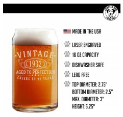 빈티지 1932 에칭 16온스 맥주 캔 유리 - 완벽을 기하는 90주년 선물 - 90주년 기념