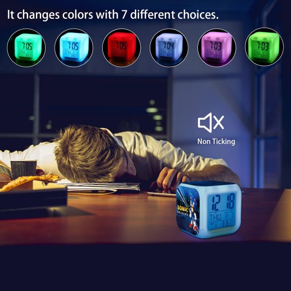 R-Timer Sonic The Hedgehog 어린이용 알람 시계, LED 디스플레이가 있는 디지털 알람 시계, 8개의 벨소리가 있는 데스크탑 시계, 어린이와 청소년을 위한 침대 옆 시계(Sonic Blue