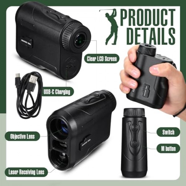 슬로프 1000 야드가있는 골프 레이저 거리 측정기 USB 충전식 골프 레이저 거리 측정기 사냥 거리 측정기 망원경, 골프 및 사냥을위한 6.5X 배율 선명한보기, 보관 가방 