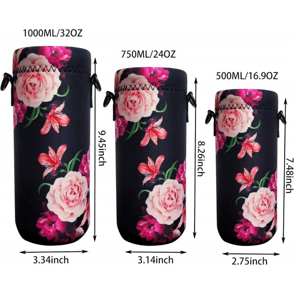 HAPLIVES 물병 토트 소녀 소년 성인을위한 어깨 끈이있는 1000ml/750ml/500ml 병용 절연 네오프렌 운반 가방 750ML/24oz Peony Blossom