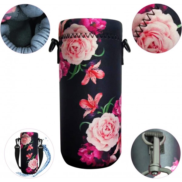 HAPLIVES 물병 토트 소녀 소년 성인을위한 어깨 끈이있는 1000ml/750ml/500ml 병용 절연 네오프렌 운반 가방 750ML/24oz Peony Blossom