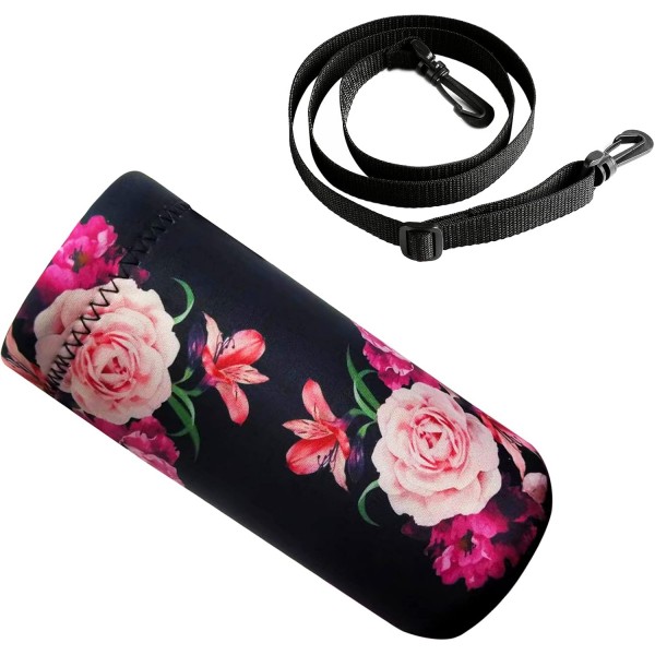 HAPLIVES 물병 토트 소녀 소년 성인을위한 어깨 끈이있는 1000ml/750ml/500ml 병용 절연 네오프렌 운반 가방 750ML/24oz Peony Blossom