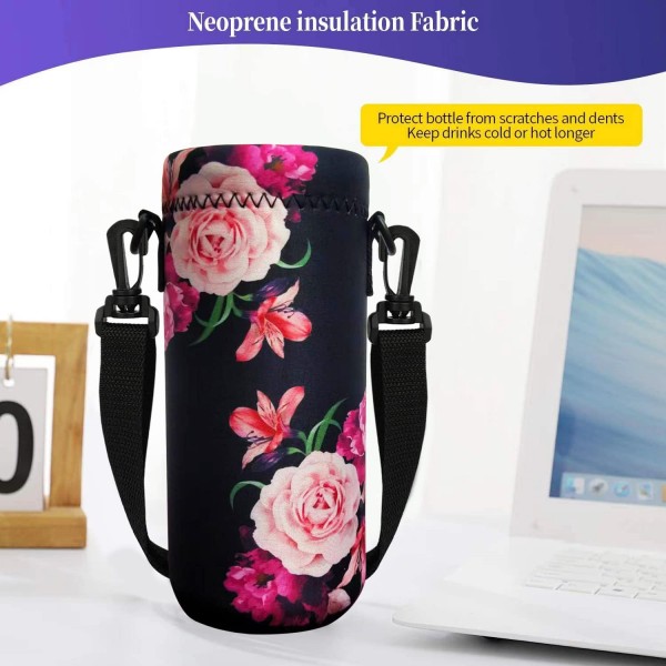 HAPLIVES 물병 토트 소녀 소년 성인을위한 어깨 끈이있는 1000ml/750ml/500ml 병용 절연 네오프렌 운반 가방 750ML/24oz Peony Blossom