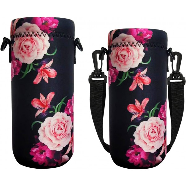 HAPLIVES 물병 토트 소녀 소년 성인을위한 어깨 끈이있는 1000ml/750ml/500ml 병용 절연 네오프렌 운반 가방 750ML/24oz Peony Blossom