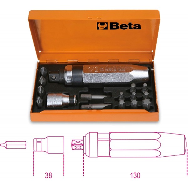 Beta BE 1295-C14 비트 세트 포함 핸드 임팩트 렌치, 작업장 장비용 임팩트 렌치(14피스 스크류 비트 세트, 보관 상자 포함, 크기: 170x100x35mm), 은색/주황색