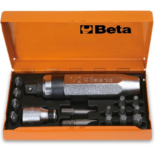 Beta BE 1295-C14 비트 세트 포함 핸드 임팩트 렌치, 작업장 장비용 임팩트 렌치(14피스 스크류 비트 세트, 보관 상자 포함, 크기: 170x100x35mm), 은색/주황색