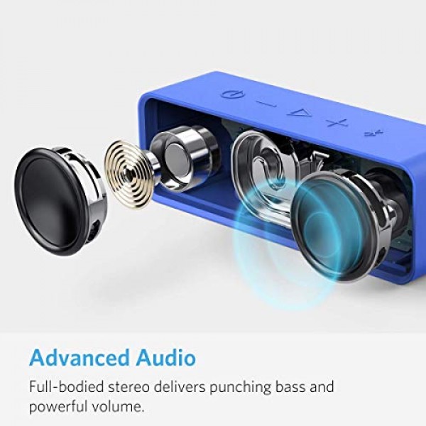 24시간 재생 시간, 66피트 Bluetooth 범위 및 내장 마이크를 갖춘 Soundcore Anker Bluetooth 스피커, 낮은 고조파 왜곡 및 우수한 사운드를 갖춘 듀얼 드라이버 휴대용 무선 스피