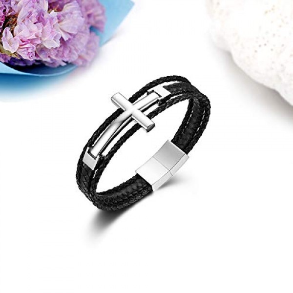 JewelryWe 주얼리 남성용 가죽 팔찌, 클래식 고광택 광택 크로스 브레이드 팔찌, 정품 가죽 스테인레스 스틸, 골드, 실버, 블랙.