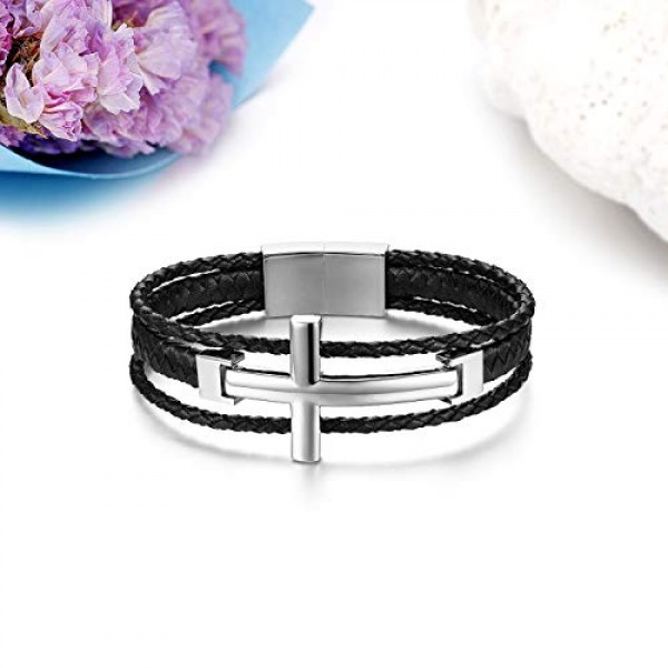 JewelryWe 주얼리 남성용 가죽 팔찌, 클래식 고광택 광택 크로스 브레이드 팔찌, 정품 가죽 스테인레스 스틸, 골드, 실버, 블랙.