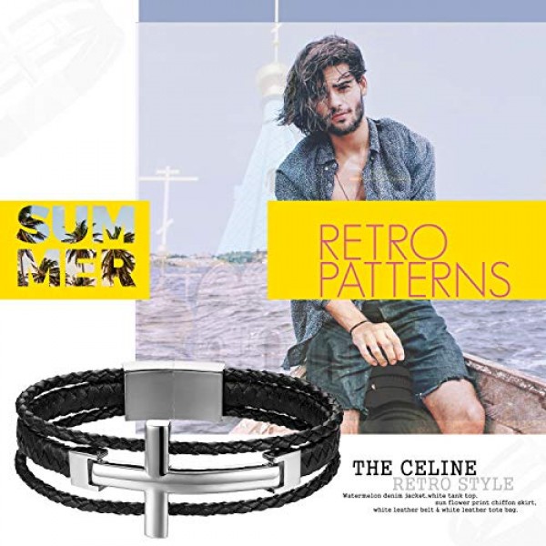 JewelryWe 주얼리 남성용 가죽 팔찌, 클래식 고광택 광택 크로스 브레이드 팔찌, 정품 가죽 스테인레스 스틸, 골드, 실버, 블랙.