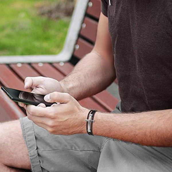 JewelryWe 주얼리 남성용 가죽 팔찌, 클래식 고광택 광택 크로스 브레이드 팔찌, 정품 가죽 스테인레스 스틸, 골드, 실버, 블랙.