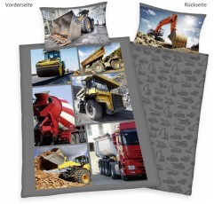 Herding Young Collection 침대 린넨 세트, 뒤집을 수 있는 건설 현장 모티프, 이불 커버 160 x 210 cm, 베갯잇 65 x 100 cm, 면/렌포세 면/리넨 스위스 사이즈