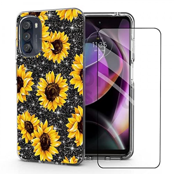 Moto G 5G 2022 전화 케이스용 DDTKZC, Moto G 5G 2022 케이스 강화 유리 보호기 광택 패턴-스파클 3 in 1 Moto G 5G 2022용 투명 충격 방지 케이스(노란 해바라기)