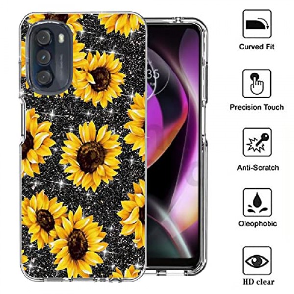 Moto G 5G 2022 전화 케이스용 DDTKZC, Moto G 5G 2022 케이스 강화 유리 보호기 광택 패턴-스파클 3 in 1 Moto G 5G 2022용 투명 충격 방지 케이스(노란 해바라기)