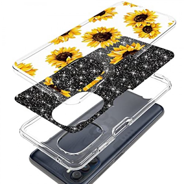 Moto G 5G 2022 전화 케이스용 DDTKZC, Moto G 5G 2022 케이스 강화 유리 보호기 광택 패턴-스파클 3 in 1 Moto G 5G 2022용 투명 충격 방지 케이스(노란 해바라기)