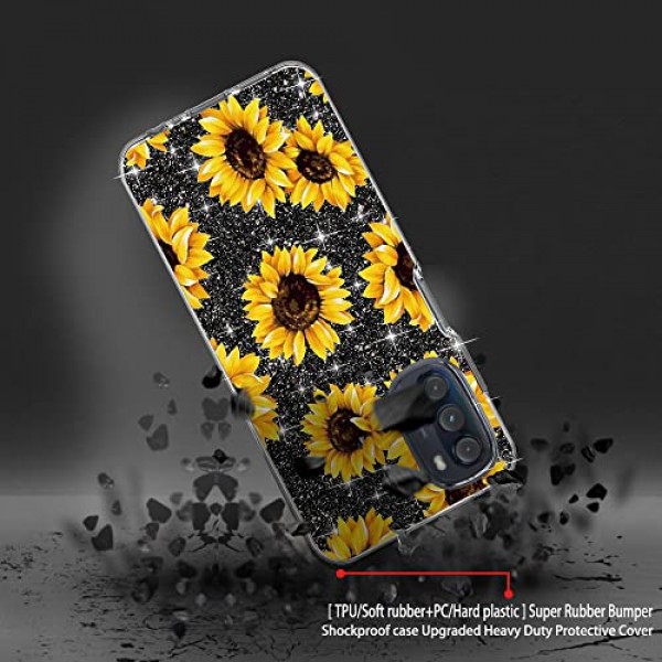 Moto G 5G 2022 전화 케이스용 DDTKZC, Moto G 5G 2022 케이스 강화 유리 보호기 광택 패턴-스파클 3 in 1 Moto G 5G 2022용 투명 충격 방지 케이스(노란 해바라기)