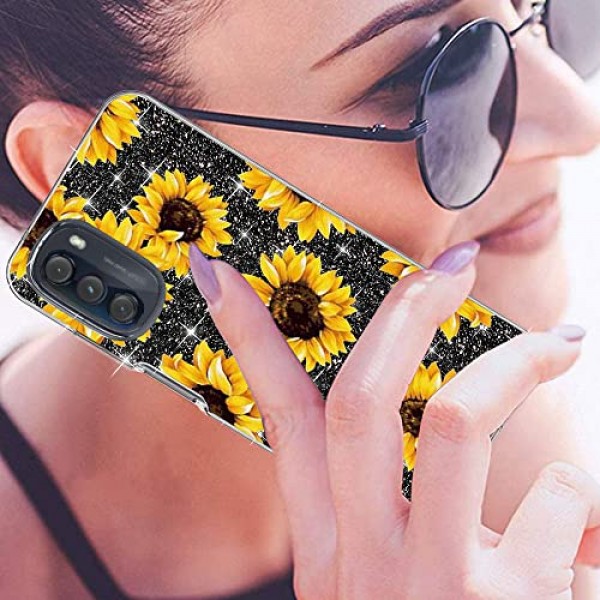 Moto G 5G 2022 전화 케이스용 DDTKZC, Moto G 5G 2022 케이스 강화 유리 보호기 광택 패턴-스파클 3 in 1 Moto G 5G 2022용 투명 충격 방지 케이스(노란 해바라기)