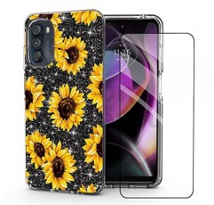 Moto G 5G 2022 전화 케이스용 DDTKZC, Moto G 5G 2022 케이스 강화 유리 보호기 광택 패턴-스파클 3 in 1 Moto G 5G 2022용 투명 충격 방지 케이스(노란 해바라기)