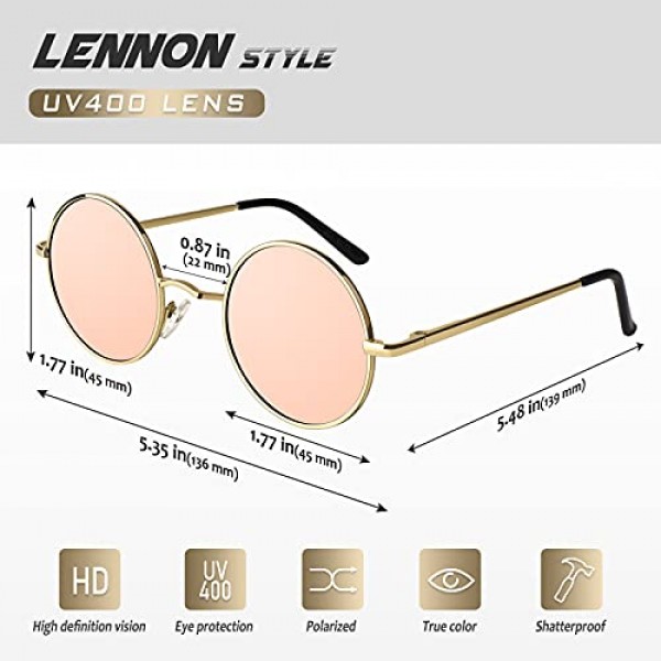 CGID 스몰 레트로 빈티지 선글라스 레논에서 영감을 받은 여성용 남성용 E01, 45mm 원형 금속 프레임 편광 | 골드 핑크
