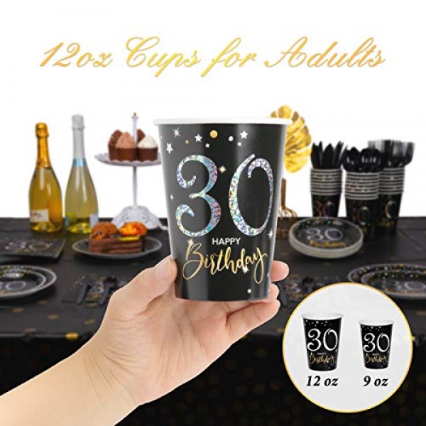 DECORLIFE 192개 30세 생일 접시 및 냅킨 세트 24인용, 30세 생일 장식용, 12온스 컵, 냅킨 48개, 칼, 포크, 스푼 포함