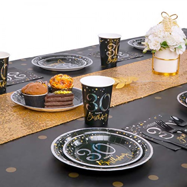 DECORLIFE 192개 30세 생일 접시 및 냅킨 세트 24인용, 30세 생일 장식용, 12온스 컵, 냅킨 48개, 칼, 포크, 스푼 포함