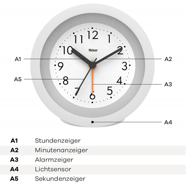광 센서, 알람 리피터 및 읽기 쉬운 다이얼이 있는 Mebus 아날로그 석영 알람 시계, 똑딱거리지 않고 무음, 원형, 직경 10cm, 재질: 플라스틱, 색상: 흰색, 모델: 25629