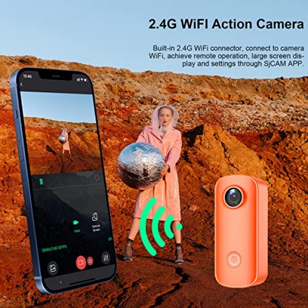 SJCAM C100+ 소형 액션 포켓 카메라 웨어러블, 4K30fps WiFi 카메라, 앱 제어, 수중 98 FT 방수, 자기, 마운트 키트가 포함된 헬멧 카메라, 32G SD 카드(주황색)