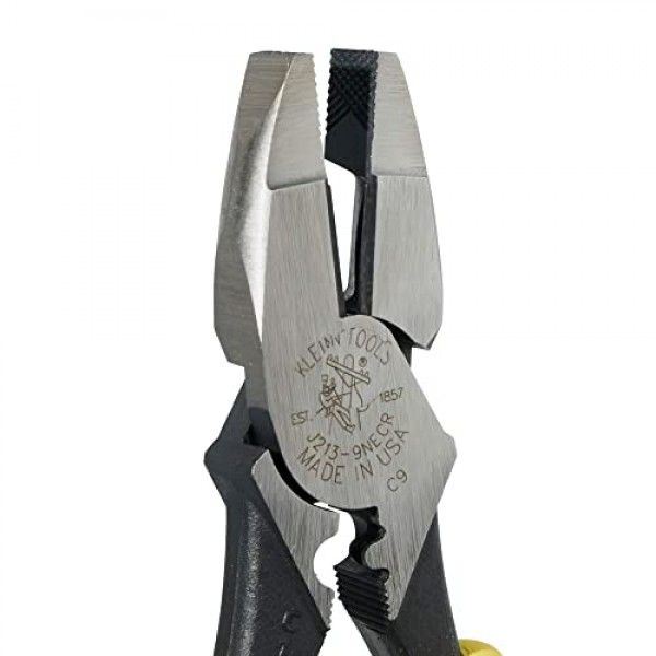 Klein Tools J213-9NECR Journeyman 플라이어 커넥터 압착 측면, 미국산, 힌지 뒤 압착 다이가 특징인 고레버리지 설계, 9인치