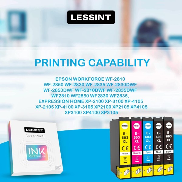 Lessint INK-TANK 603XL - Epson XP-2100 XP-2105/XP-3100/XP-3105/XP-4100/XP-4105/WF-2810/WF-2830/WF-2835/WF용 5팩 카트리지 교체 가능 호환 카트리지 -2850