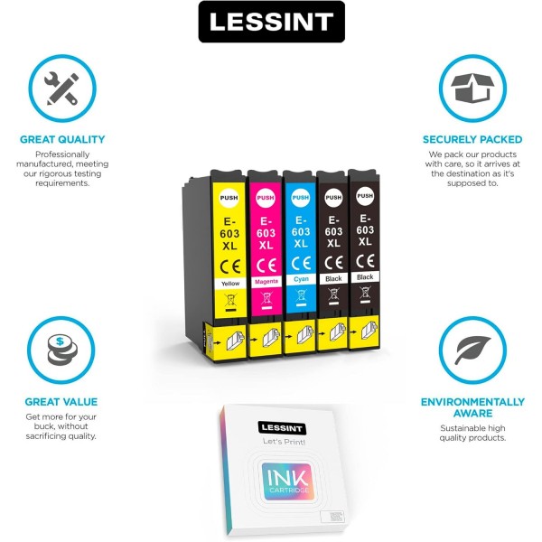 Lessint INK-TANK 603XL - Epson XP-2100 XP-2105/XP-3100/XP-3105/XP-4100/XP-4105/WF-2810/WF-2830/WF-2835/WF용 5팩 카트리지 교체 가능 호환 카트리지 -2850