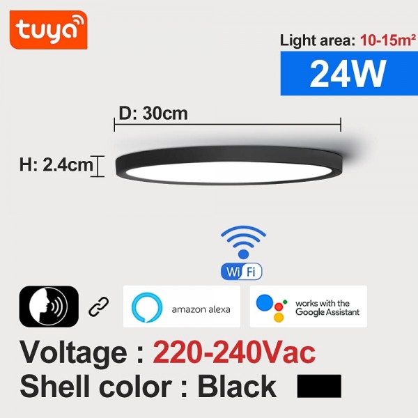 LVL LED 스마트 평면 천장 조명 WiFi Tuya 앱 AI 음성 제어 Alexa Echo Google 홈 24W 라운드 D30cm 디 밍이 가능한 현대 표면 실장 천장 조명 거실 주방 침실 사무실 (블랙)